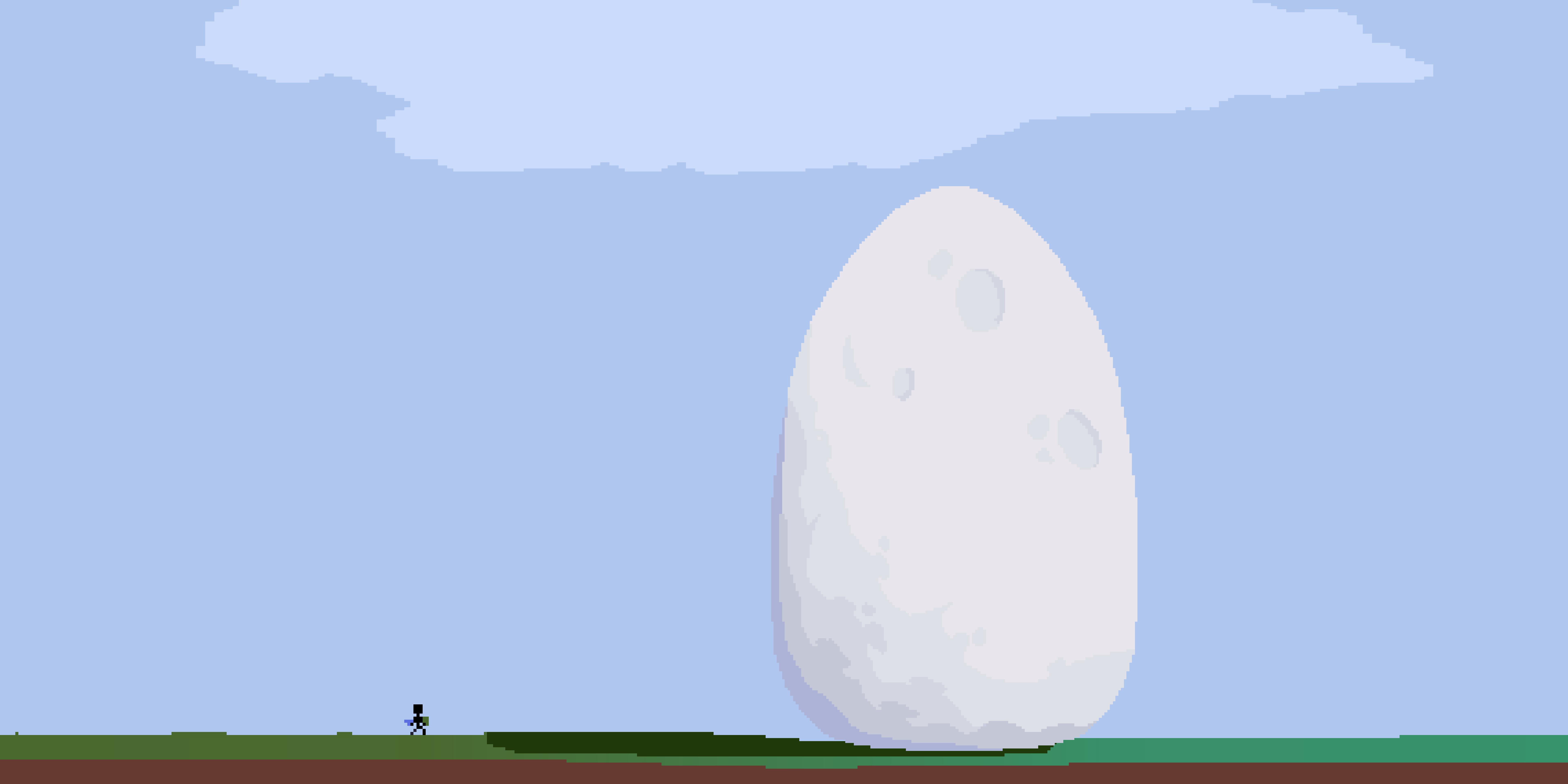 A tiny pixel stick figure walking toward a giant egg